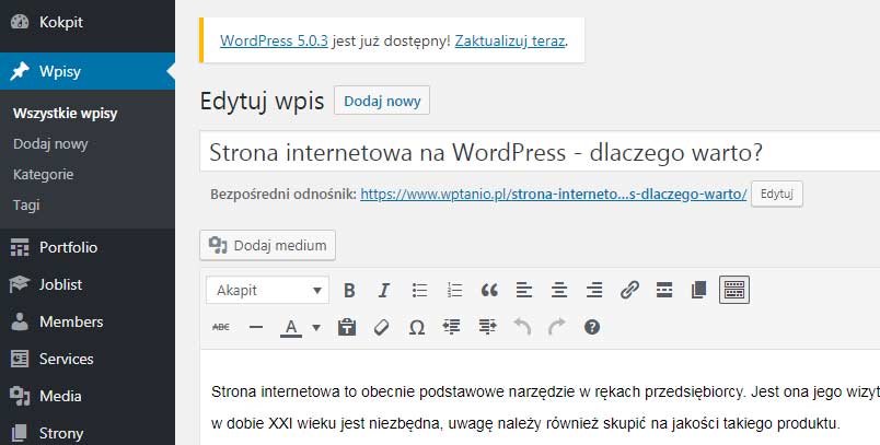 Wordpress panel administracyjny
